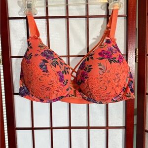Cacique Coral Orange Floral Lace Push-Up Bra